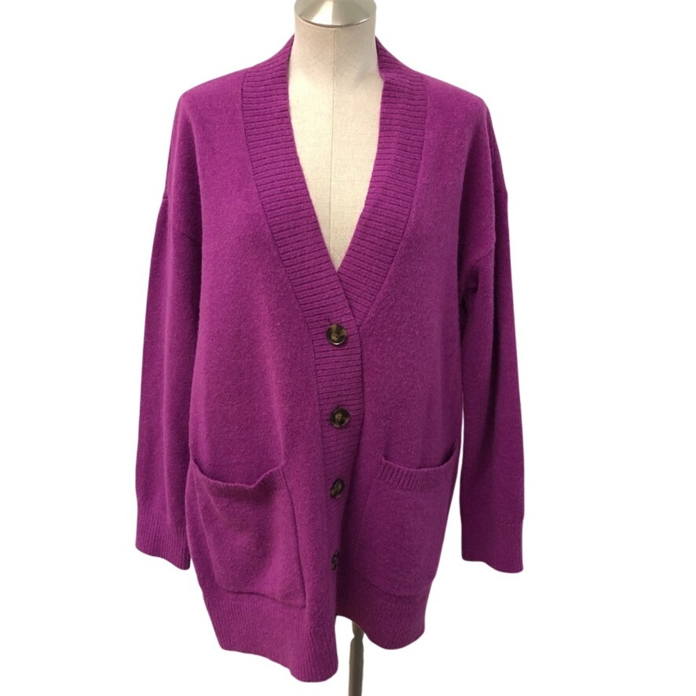 Ann Taylor Cardigan Womens Large Purple Knit Button Up Long Sleeve Pockets